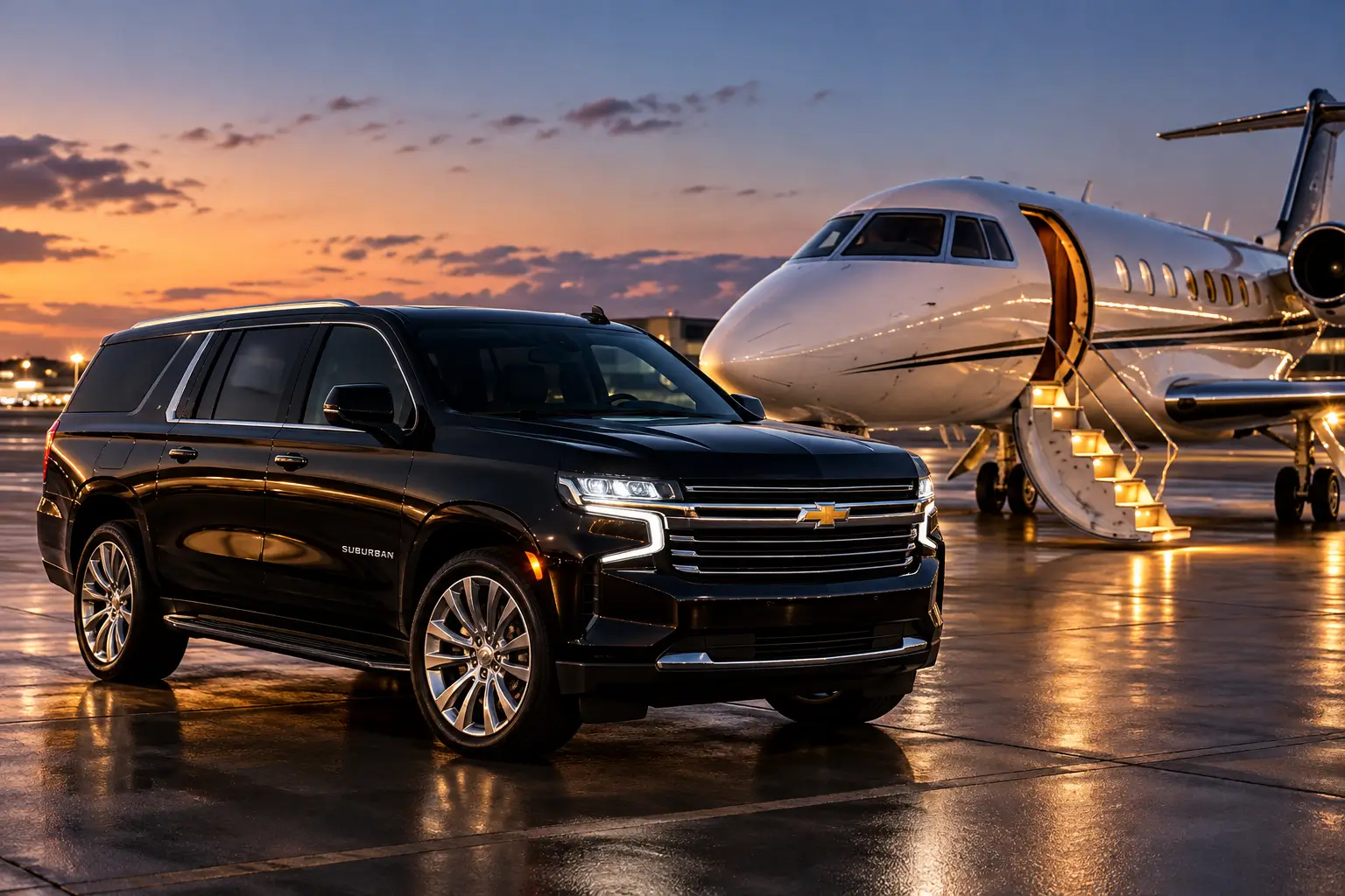 Black Chevrolet Suburban beside a private jet at sunset